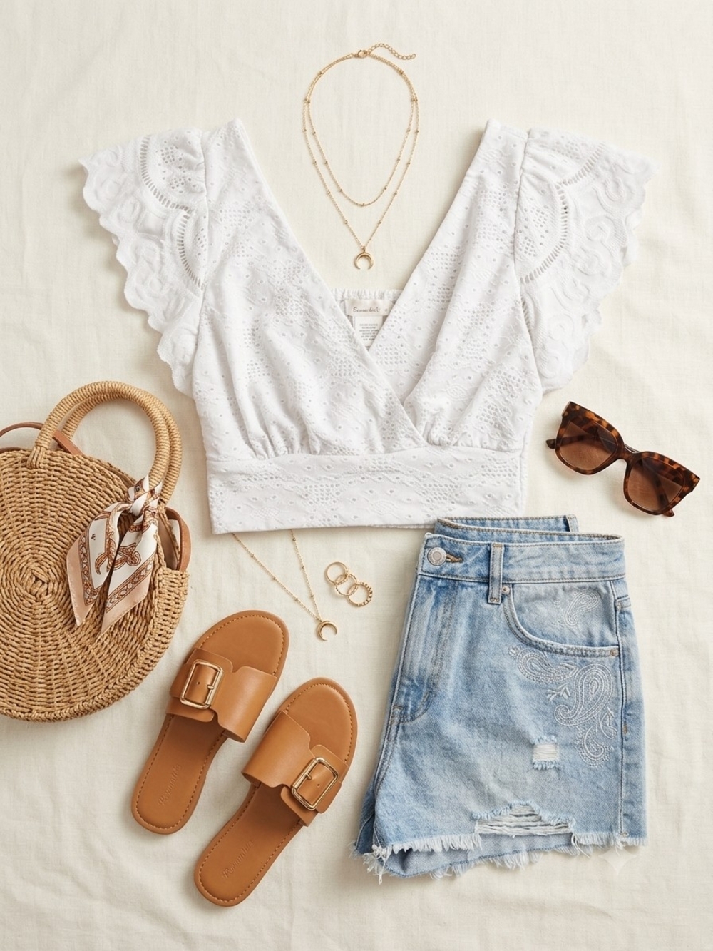 URBAN Romantics White Eyelet V‑Neck Cropped Top